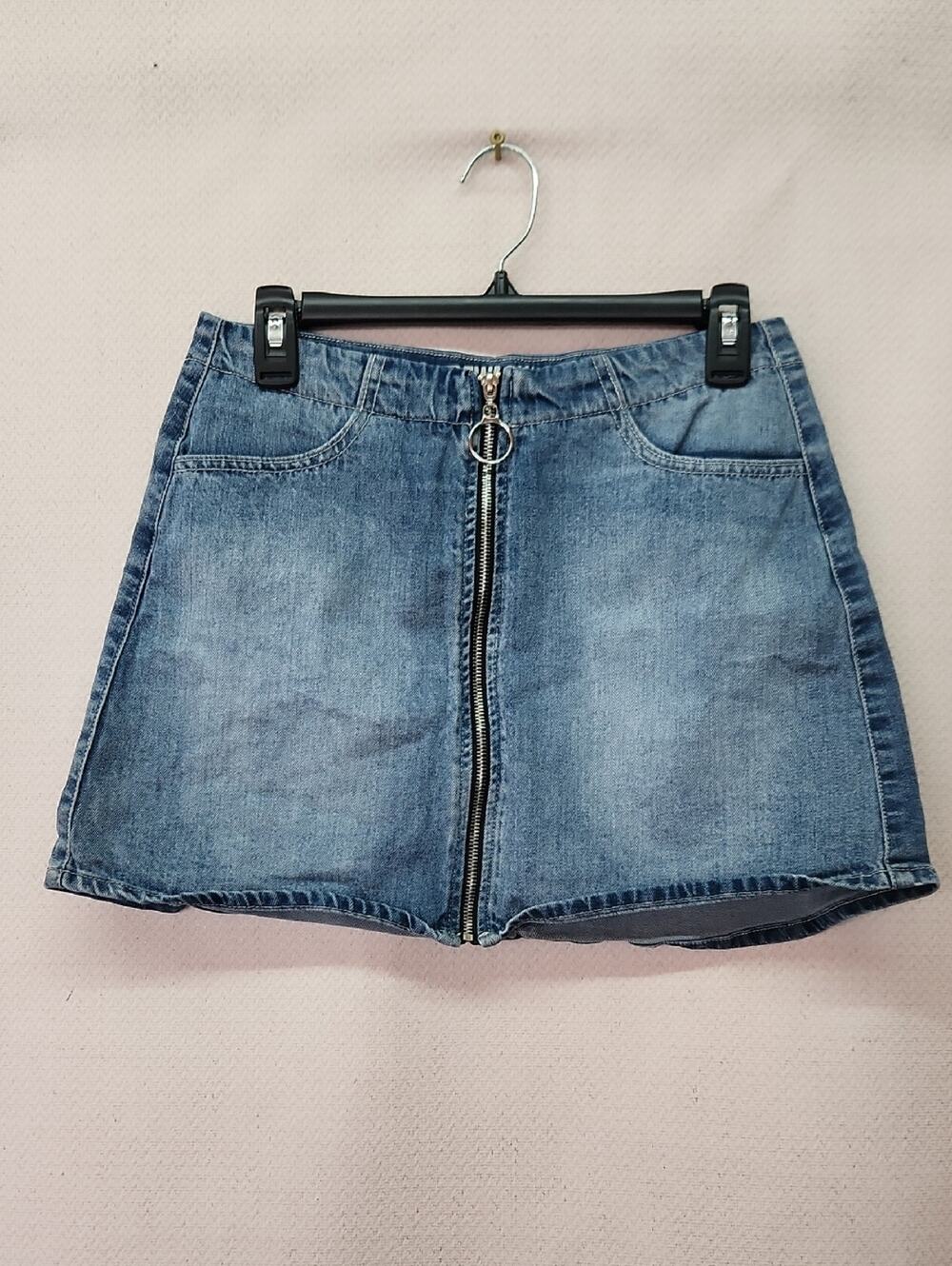 Rewash Light Blue Denim Zip-Front Mini Skirt